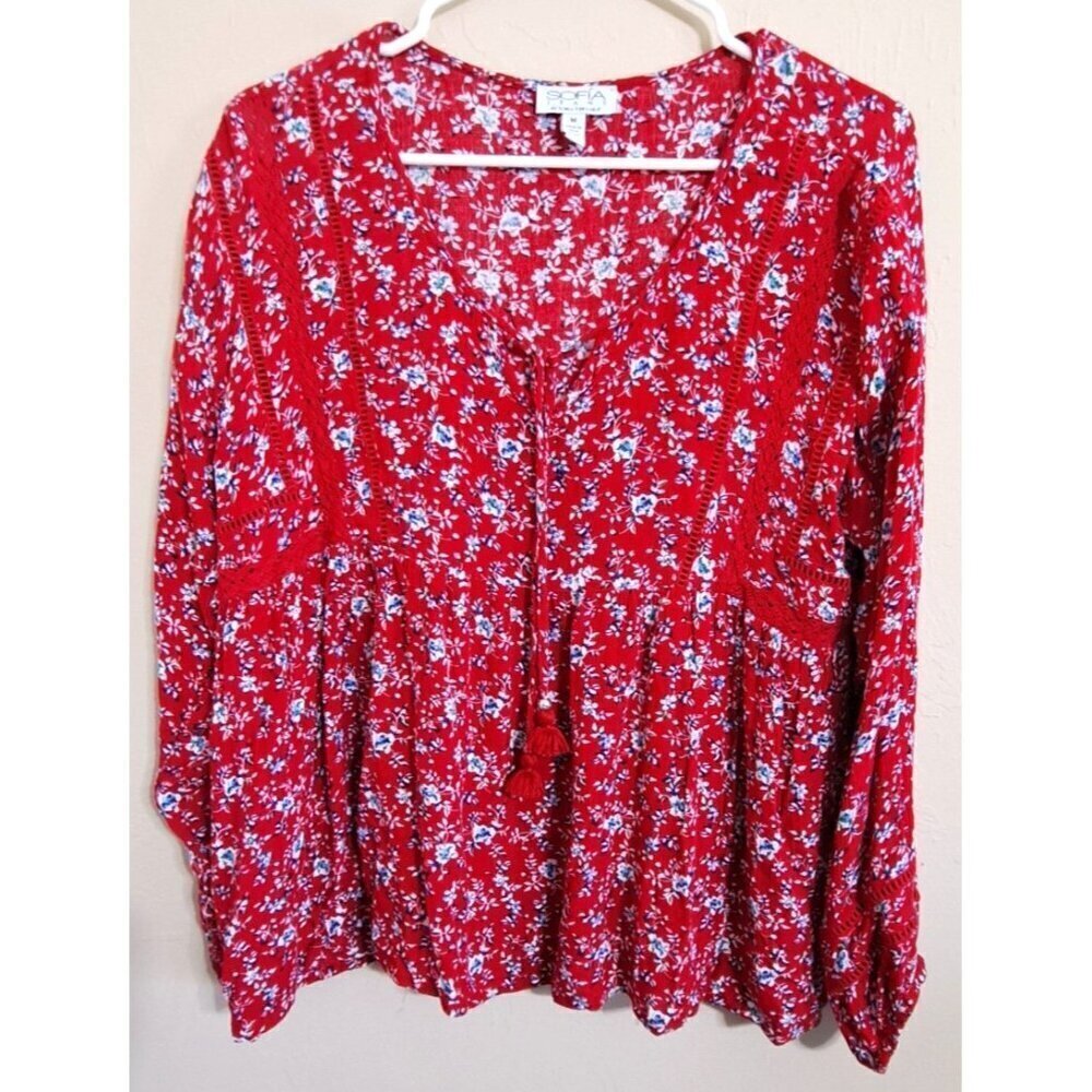 Sophia Jeans Women's M Red Floral Long Sleeve Boho Gypsy Peasant Top Faggoting